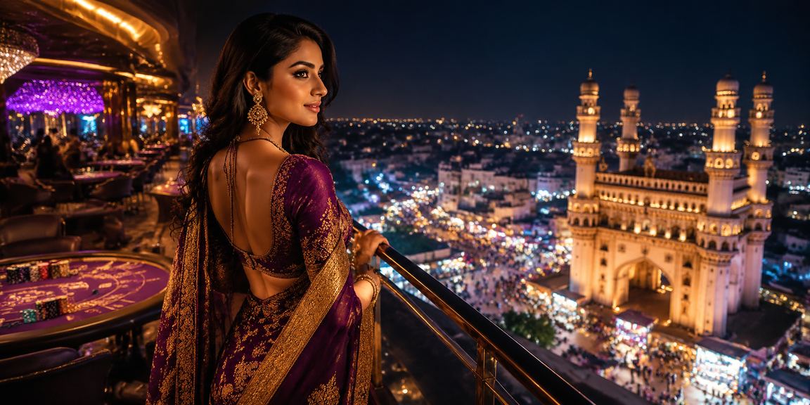 View of Hyderabad's Charminar with cricket fans betting on mobile